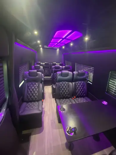 Executive Sprinter seating and aisle beneath purple lighting — Point-to-Point Sprinter Van Transfers